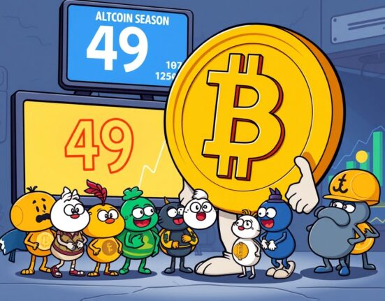 A cartoon illustration showing Bitcoin's dominance over altcoins, reflecting the current Altcoin Season Index.