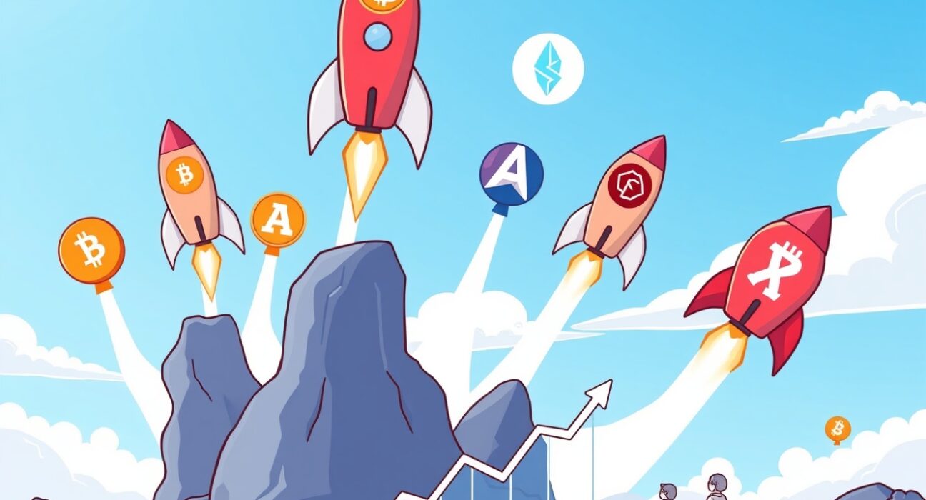 A vibrant cartoon shows altcoins skyrocketing, symbolizing the imminent altcoin season predicted by Glassnode founders.