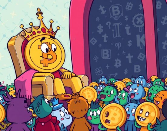 Cartoon illustration of Bitcoin reigning supreme over hopeful altcoins, visualizing the current Altcoin Season Index reading.