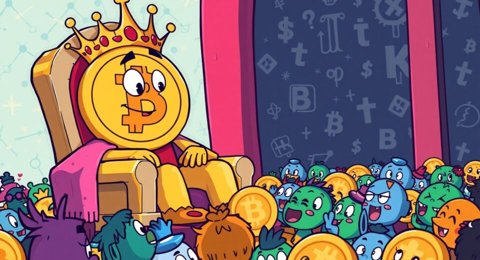 Cartoon illustration of Bitcoin reigning supreme over hopeful altcoins, visualizing the current Altcoin Season Index reading.