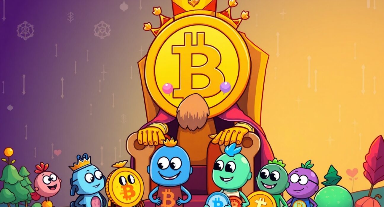 A vibrant cartoon illustrating Bitcoin's dominance over altcoins as shown by the low Altcoin Season Index score.