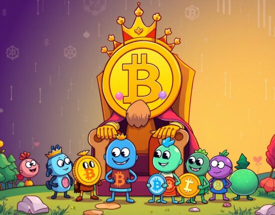 A vibrant cartoon illustrating Bitcoin's dominance over altcoins as shown by the low Altcoin Season Index score.