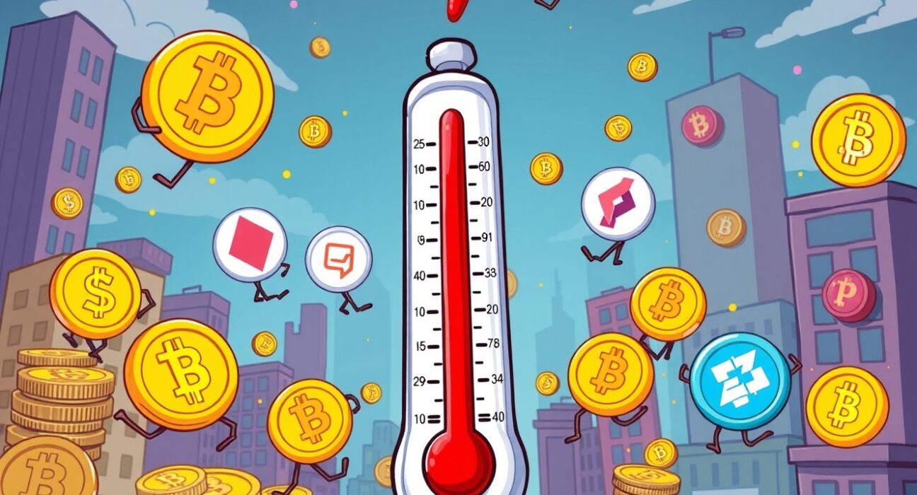 Cartoon illustration showing the Altcoin Season Index as a market thermometer with altcoins reacting