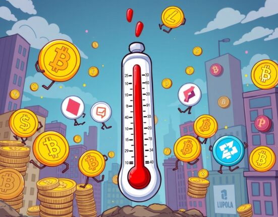 Cartoon illustration showing the Altcoin Season Index as a market thermometer with altcoins reacting