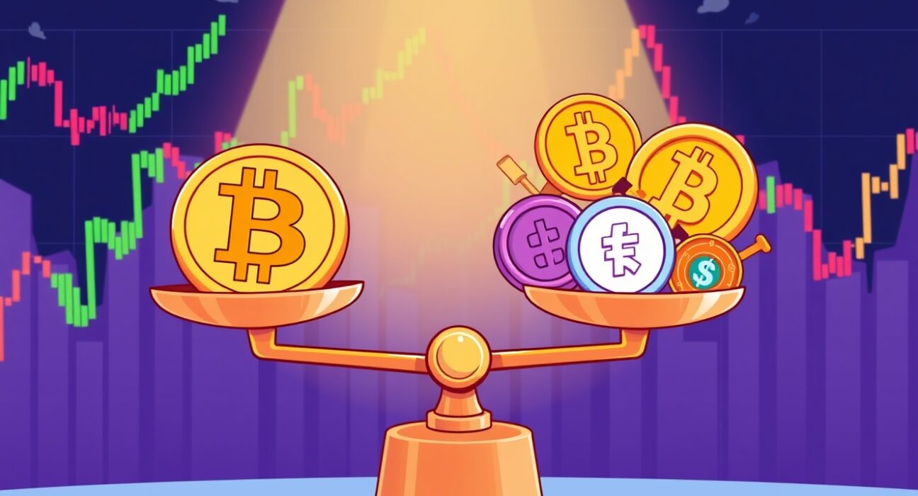 Altcoin Season Index illustration showing Bitcoin dominance over colorful alternative cryptocurrencies in market balance