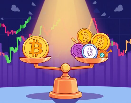 Altcoin Season Index illustration showing Bitcoin dominance over colorful alternative cryptocurrencies in market balance