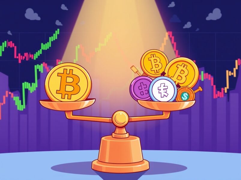 Altcoin Season Index illustration showing Bitcoin dominance over colorful alternative cryptocurrencies in market balance