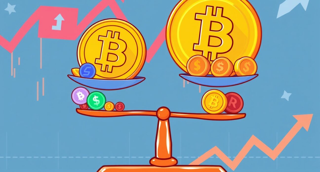 Altcoin Season Index illustrating Bitcoin's dominance over colorful altcoins in a vibrant market scene.