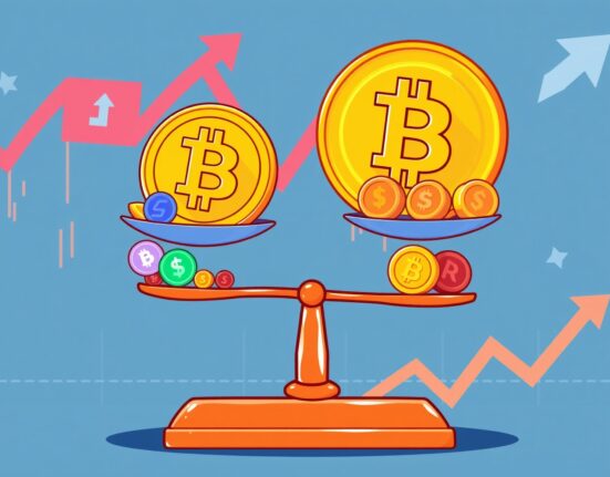 Altcoin Season Index illustrating Bitcoin's dominance over colorful altcoins in a vibrant market scene.