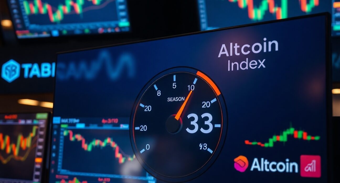 Digital gauge showing Altcoin Season Index at 33 with cryptocurrency charts in background