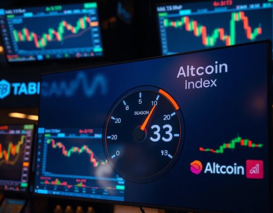 Digital gauge showing Altcoin Season Index at 33 with cryptocurrency charts in background