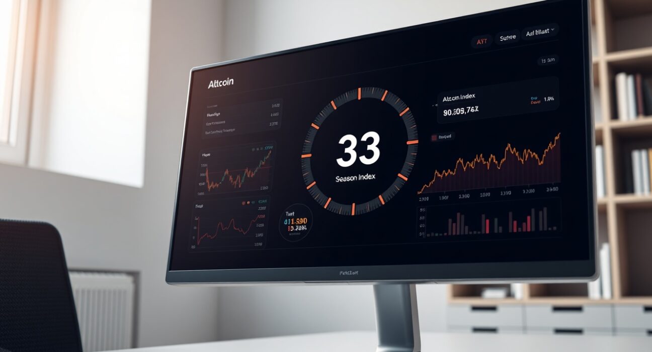 Analyst dashboard showing the Altcoin Season Index at 33, indicating current cryptocurrency market conditions.