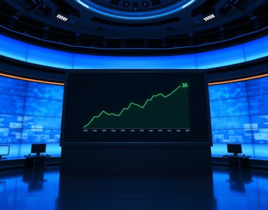 Digital display showing Altcoin Season Index at 35 in a financial news studio