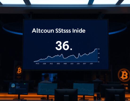 Digital screen showing Altcoin Season Index at 36 in a modern trading environment