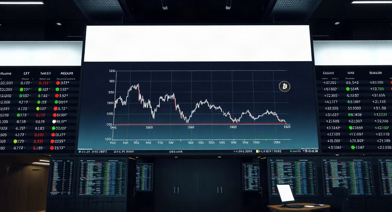Digital screen showing a declining altcoin season index chart with Bitcoin symbol in background