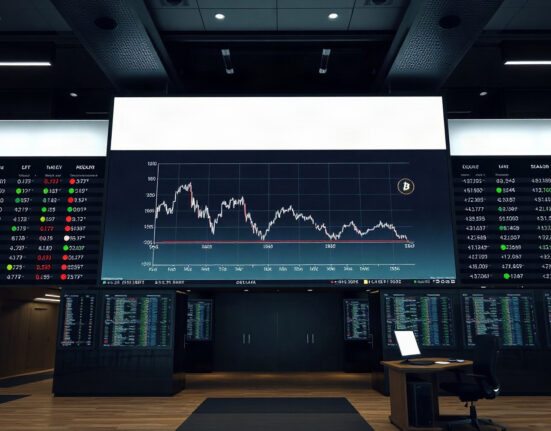 Digital screen showing a declining altcoin season index chart with Bitcoin symbol in background