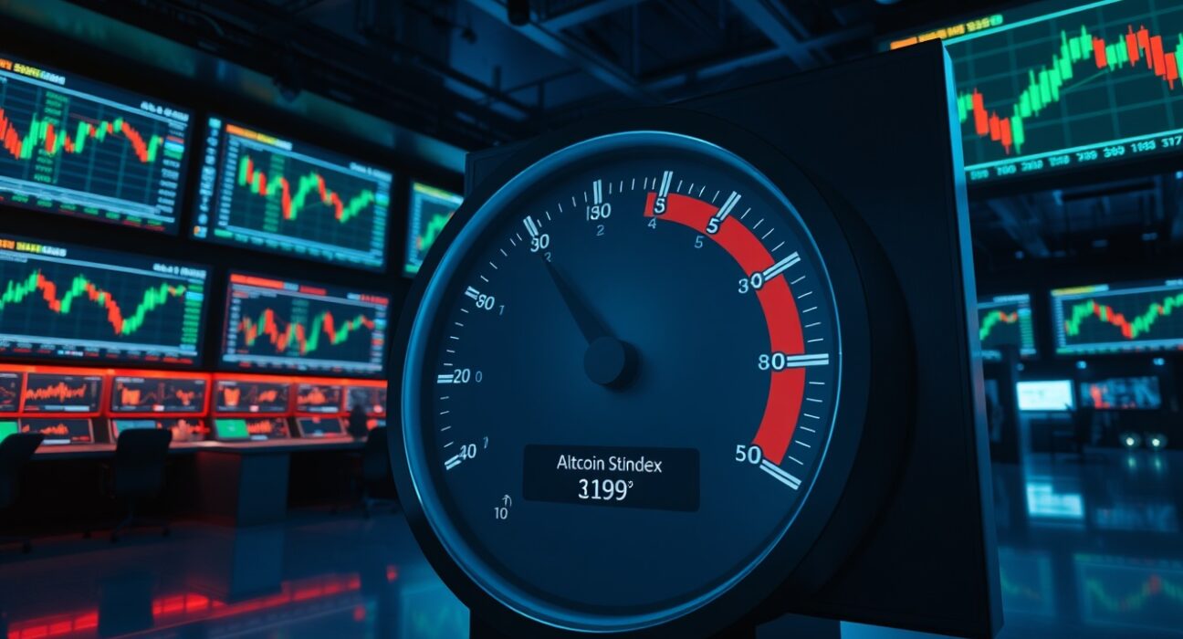 Altcoin Season Index gauge reading 39 in a financial trading room