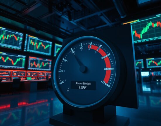 Altcoin Season Index gauge reading 39 in a financial trading room