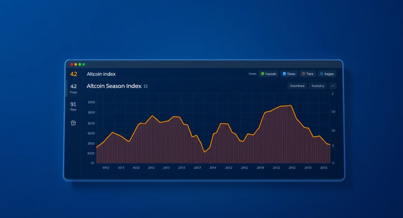 Altcoin Season Index dashboard showing a score of 42, indicating mixed market conditions for altcoins.