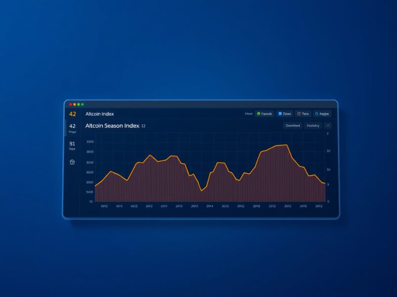 Altcoin Season Index dashboard showing a score of 42, indicating mixed market conditions for altcoins.