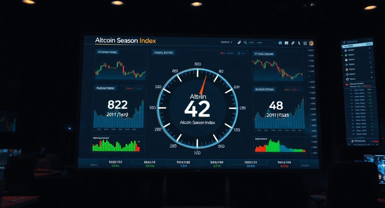 Digital trading screen showing Altcoin Season Index gauge at 42 on a cryptocurrency market dashboard.