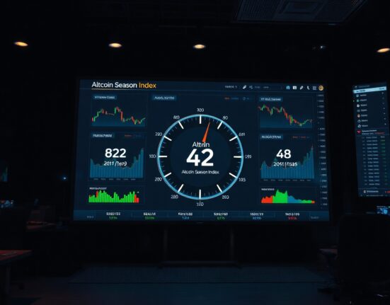 Digital trading screen showing Altcoin Season Index gauge at 42 on a cryptocurrency market dashboard.