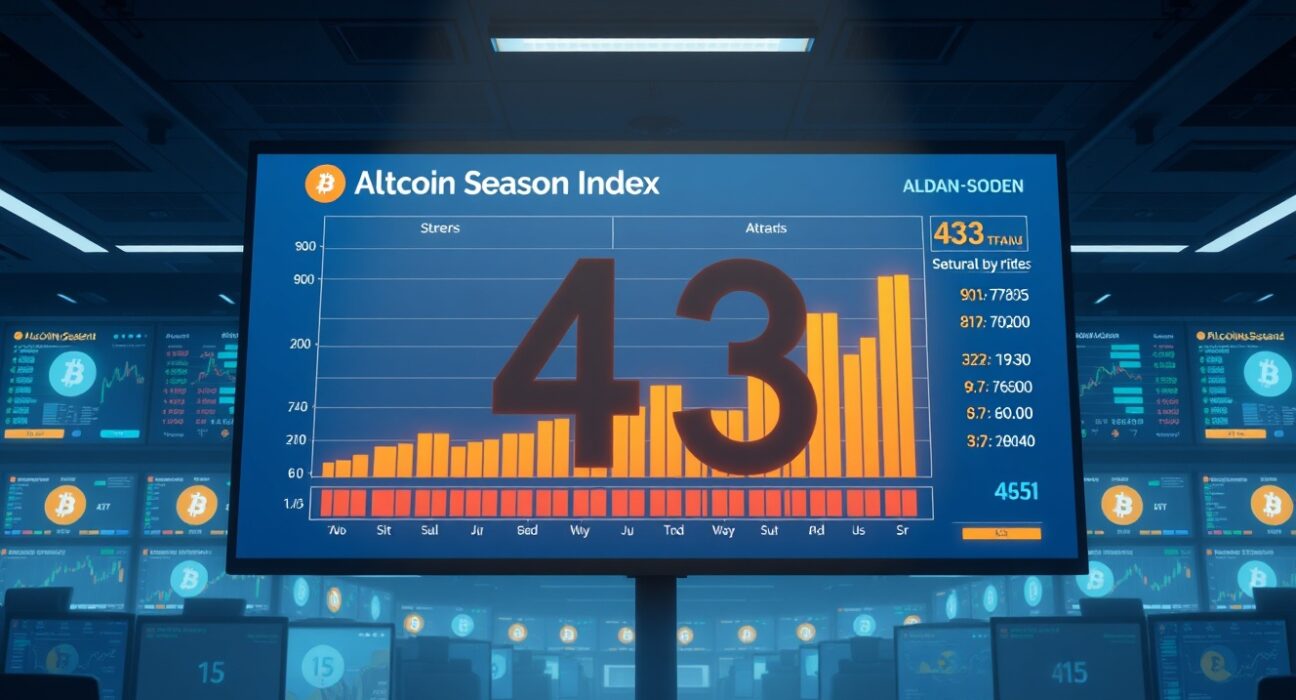 Altcoin Season Index dashboard showing a reading of 43, indicating mixed performance between Bitcoin and altcoins over 90 days.