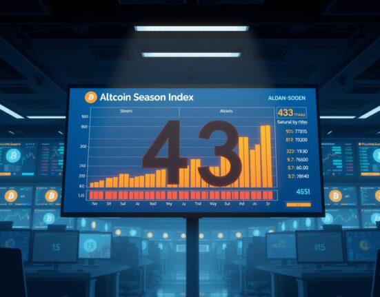 Altcoin Season Index dashboard showing a reading of 43, indicating mixed performance between Bitcoin and altcoins over 90 days.