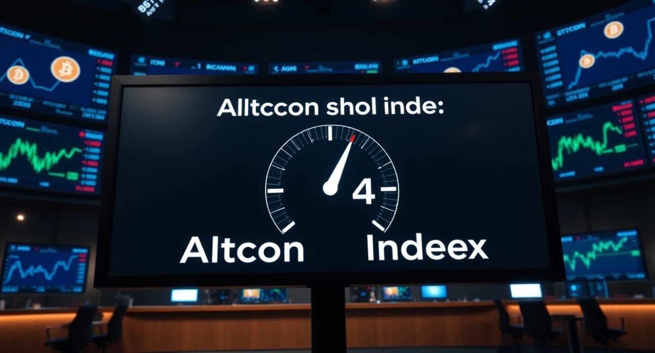 Altcoin Season Index gauge reading 43 in a financial news studio setting
