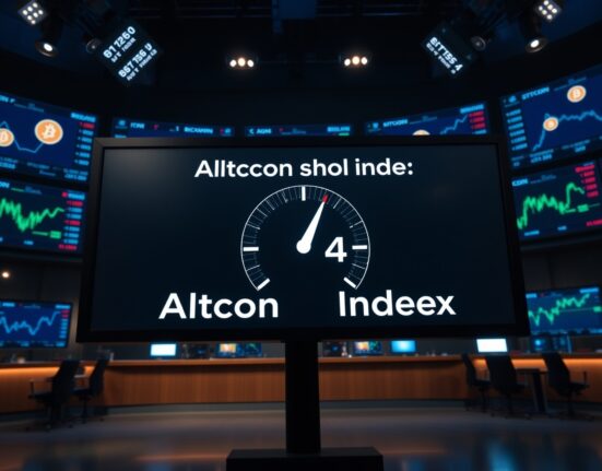 Altcoin Season Index gauge reading 43 in a financial news studio setting