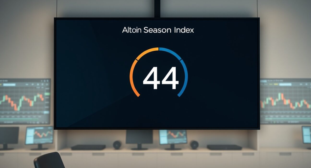 Altcoin Season Index gauge showing a reading of 44 on a digital display in a modern trading office.