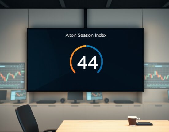 Altcoin Season Index gauge showing a reading of 44 on a digital display in a modern trading office.