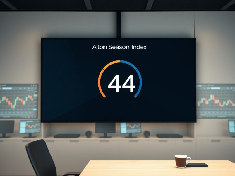 Altcoin Season Index gauge showing a reading of 44 on a digital display in a modern trading office.
