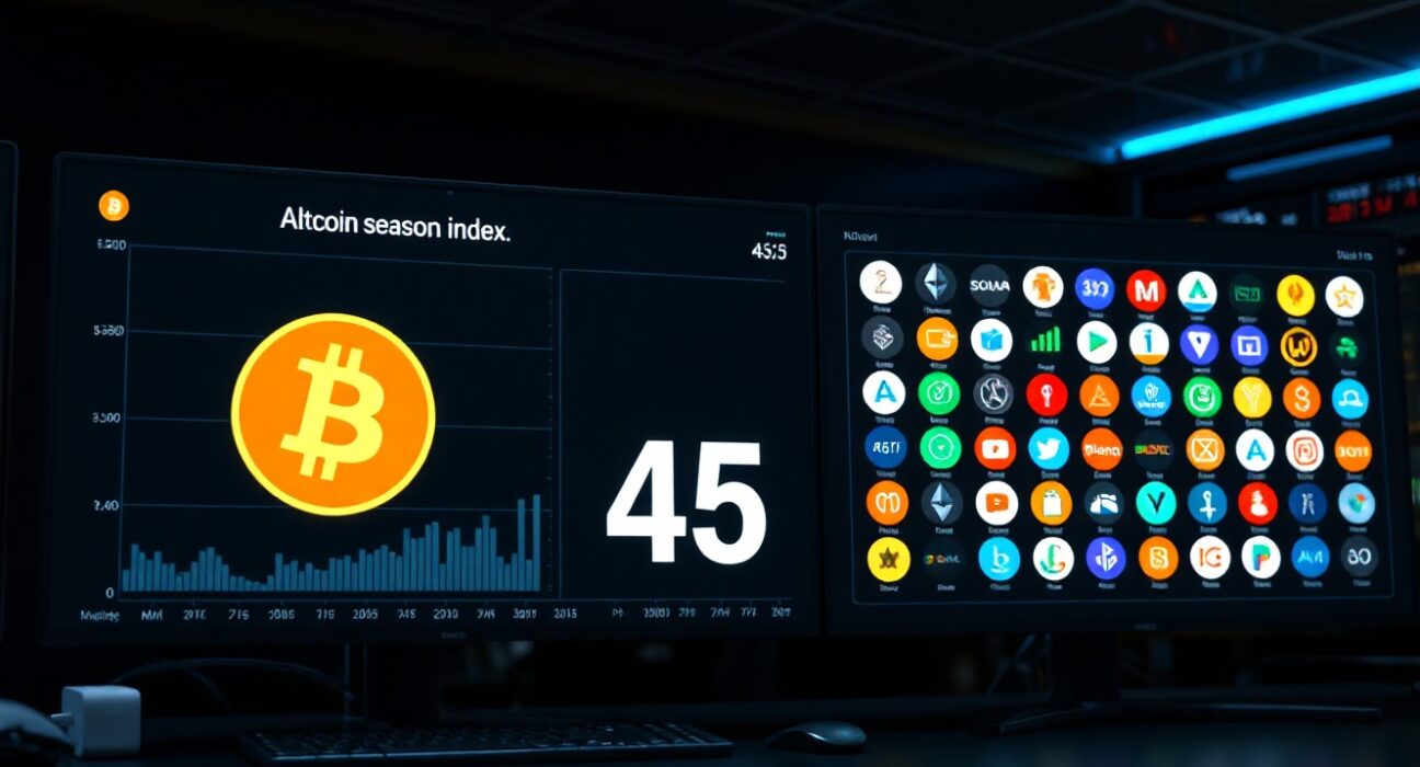 Digital dashboard showing Altcoin Season Index at 45 with Bitcoin and altcoin symbols.