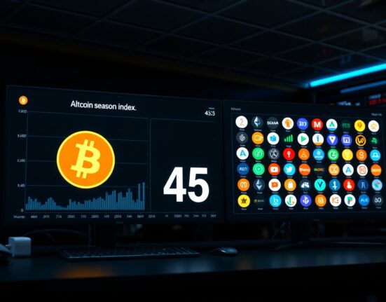 Digital dashboard showing Altcoin Season Index at 45 with Bitcoin and altcoin symbols.