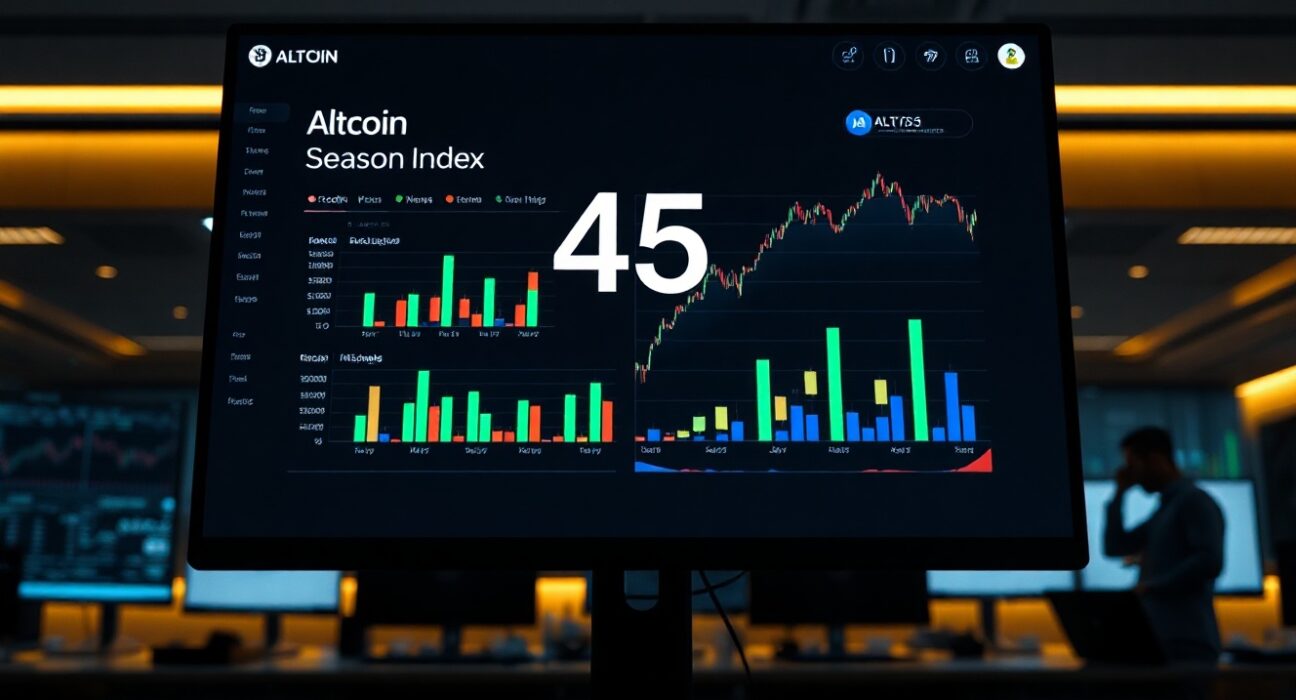 Digital dashboard showing the Altcoin Season Index at 45 in a professional trading environment