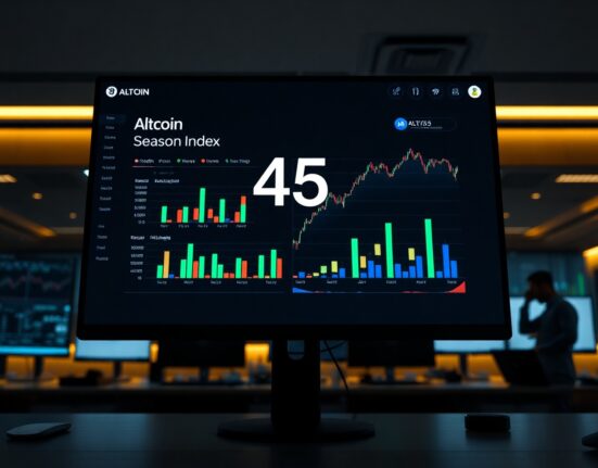 Digital dashboard showing the Altcoin Season Index at 45 in a professional trading environment