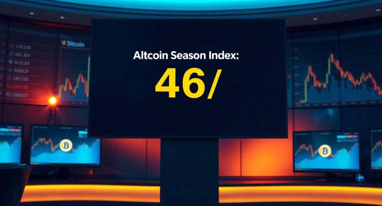 Altcoin Season Index reading 46 on a digital display in a financial news studio
