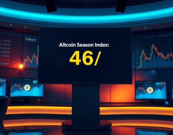 Altcoin Season Index reading 46 on a digital display in a financial news studio