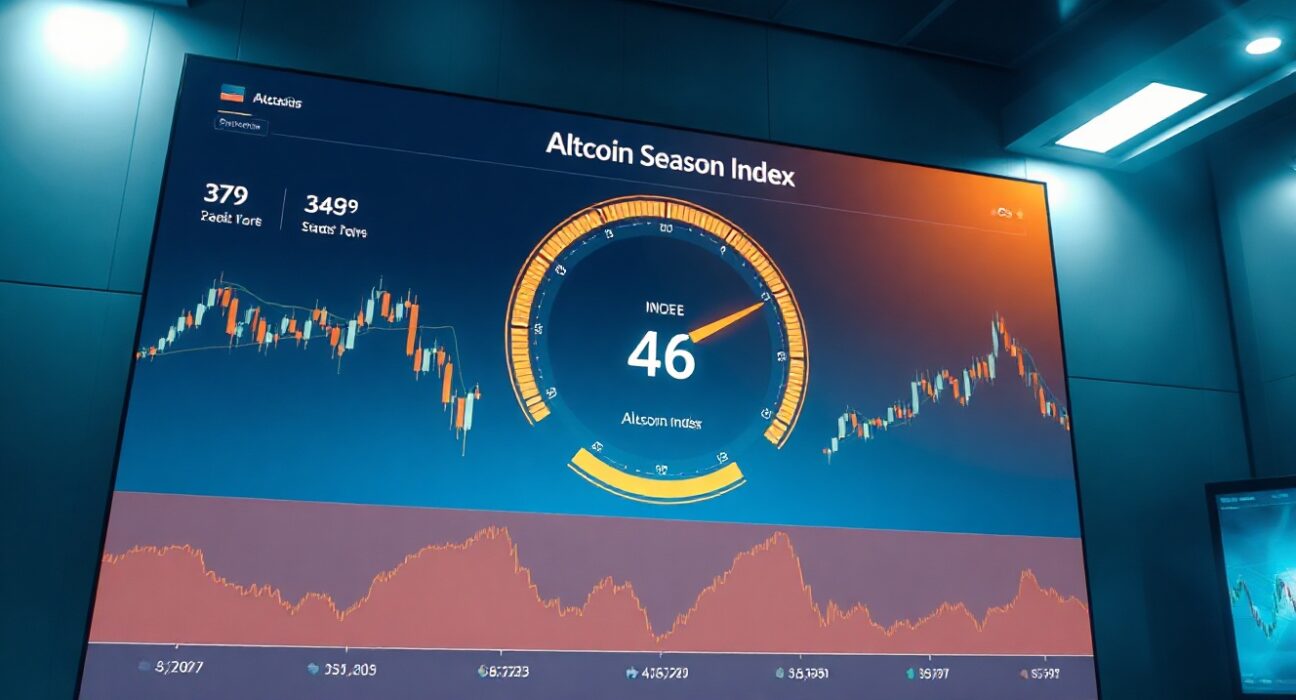 A digital dashboard displaying the Altcoin Season Index gauge at 46 in a modern trading environment.