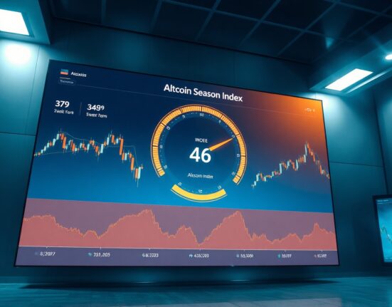A digital dashboard displaying the Altcoin Season Index gauge at 46 in a modern trading environment.