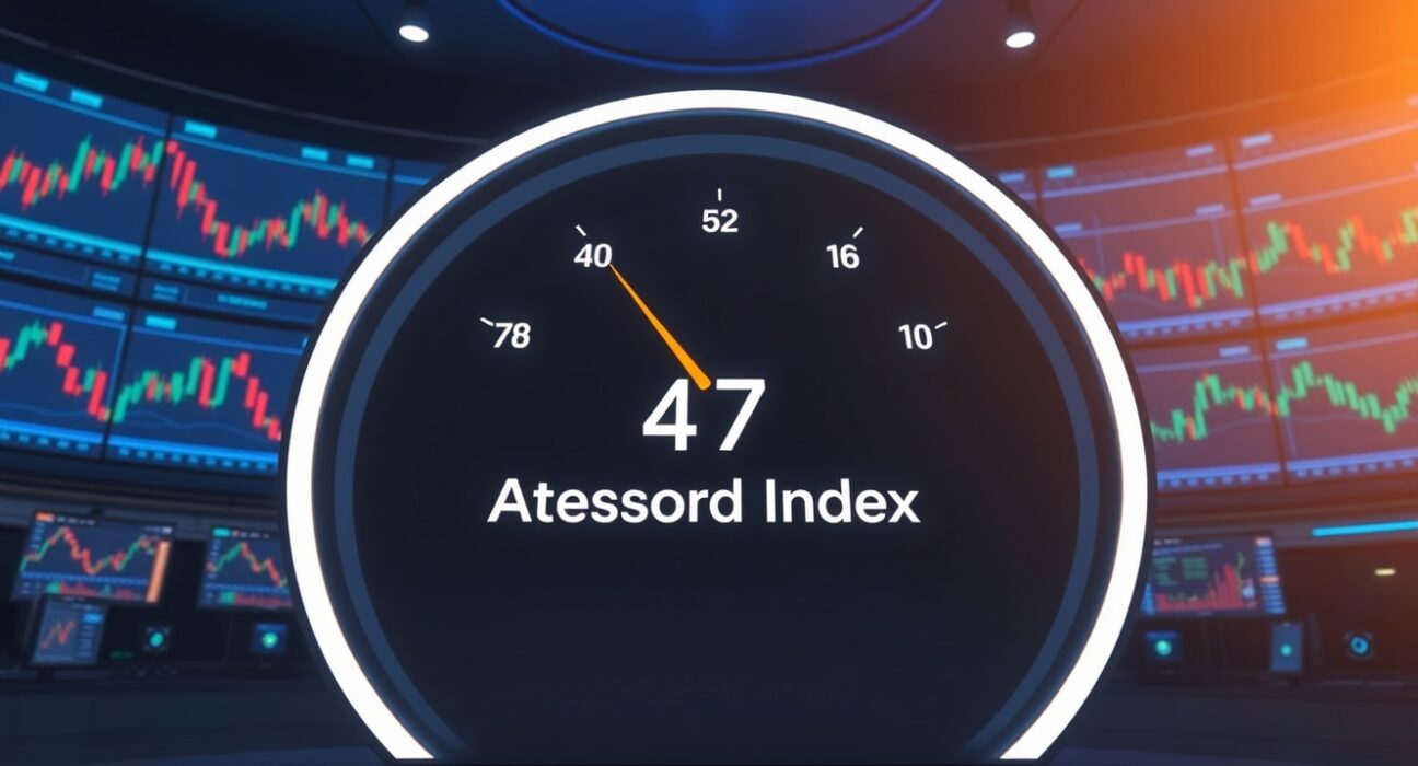 Digital gauge showing Altcoin Season Index at 47 in a trading studio with crypto charts in background