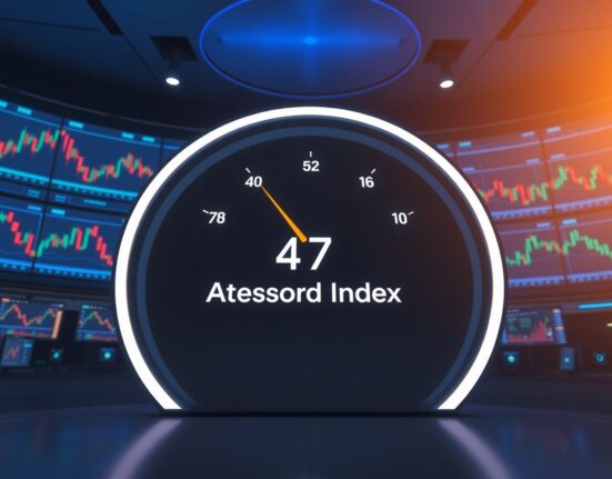 Digital gauge showing Altcoin Season Index at 47 in a trading studio with crypto charts in background