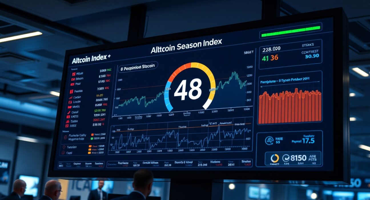 Digital display showing Altcoin Season Index gauge at 48 in a trading office