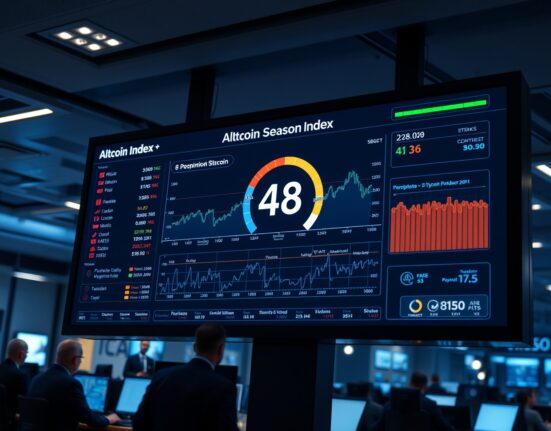 Digital display showing Altcoin Season Index gauge at 48 in a trading office