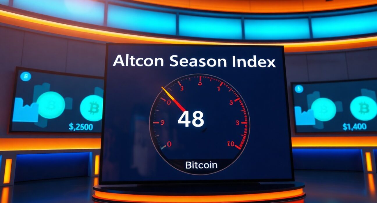 Altcoin Season Index gauge reading 48 in a financial news studio setting