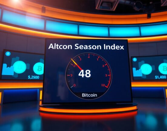 Altcoin Season Index gauge reading 48 in a financial news studio setting