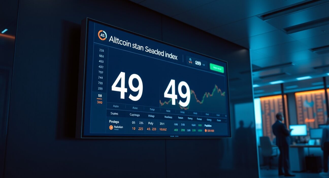 Altcoin Season Index dashboard showing a value of 49 in a modern trading office