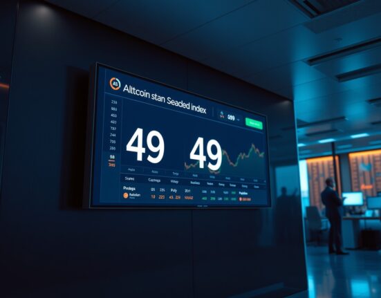 Altcoin Season Index dashboard showing a value of 49 in a modern trading office