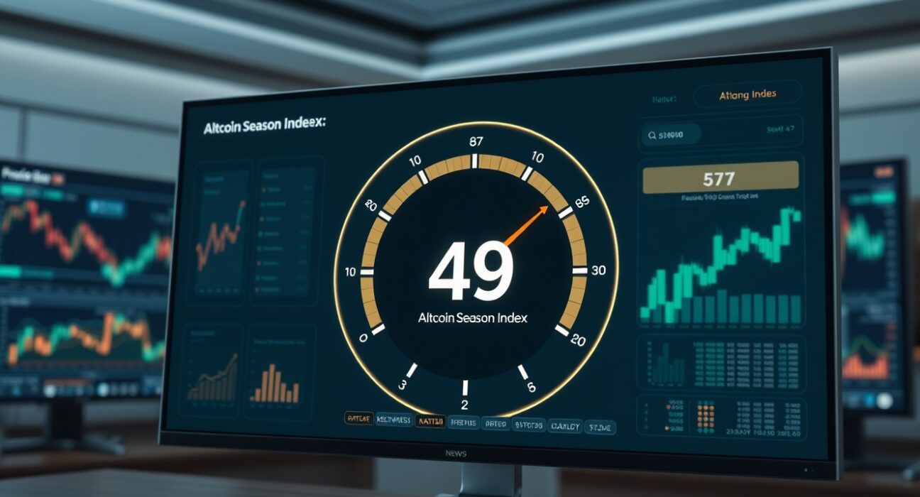 Data dashboard showing the Altcoin Season Index at a neutral score of 49, indicating balanced market conditions.